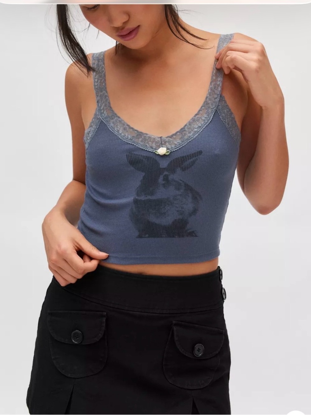Kimchi Blue Gray Ribbed Lace-Trim Camisole with Bunny Graphic size XS